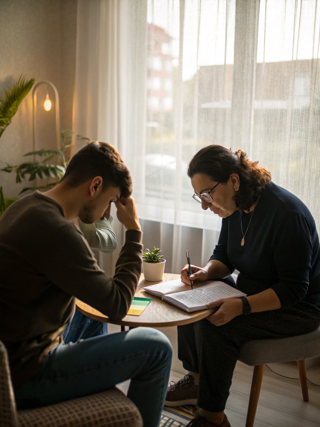 A supportive one-on-one mentorship and counseling conversation in a sunlit room