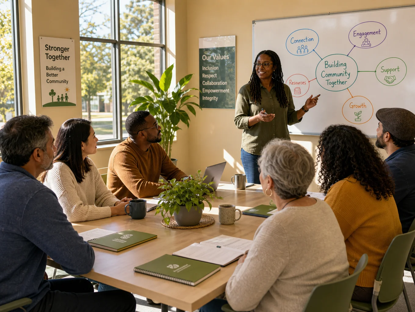 Participants and mentors gathered in a bright circle conversation during a restorative coaching session