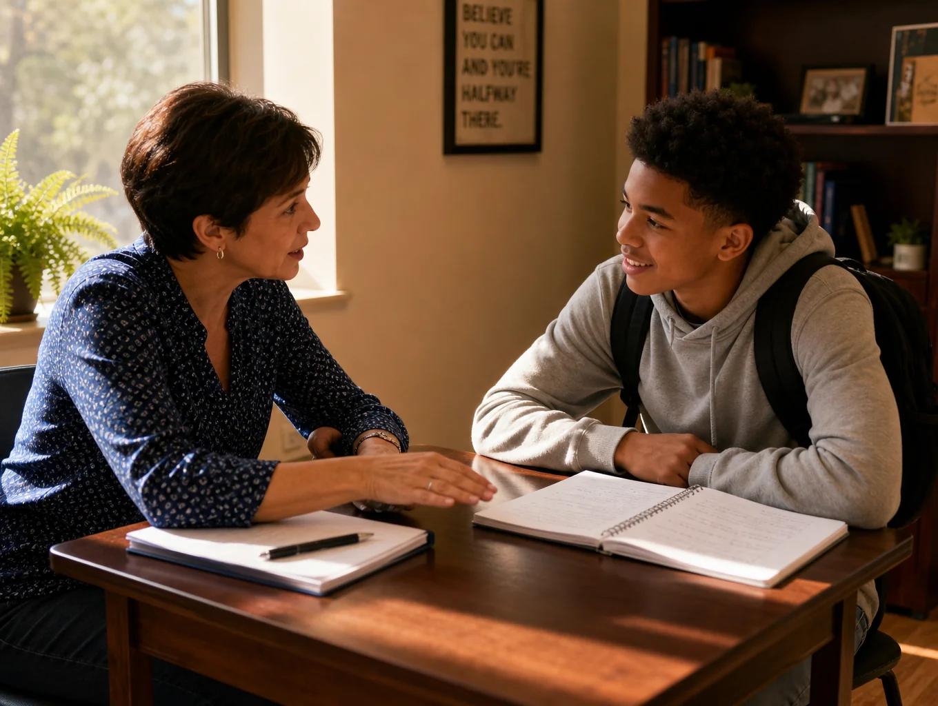 Mentor and participant engaged in an intentional coaching conversation in a warm room
