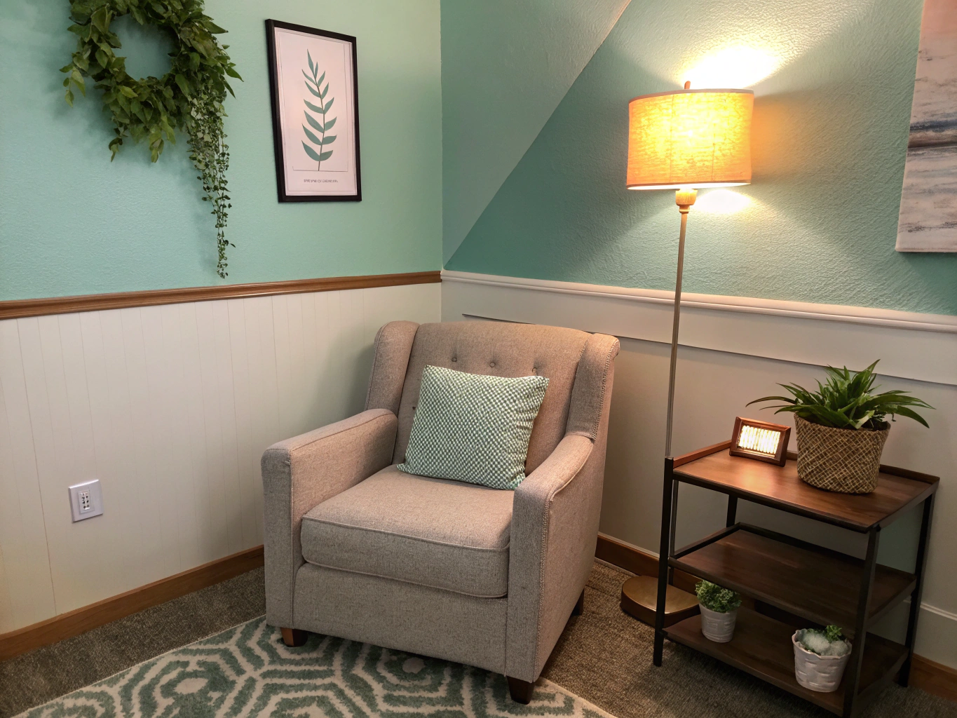Quiet and welcoming private counselling room with soft natural lighting