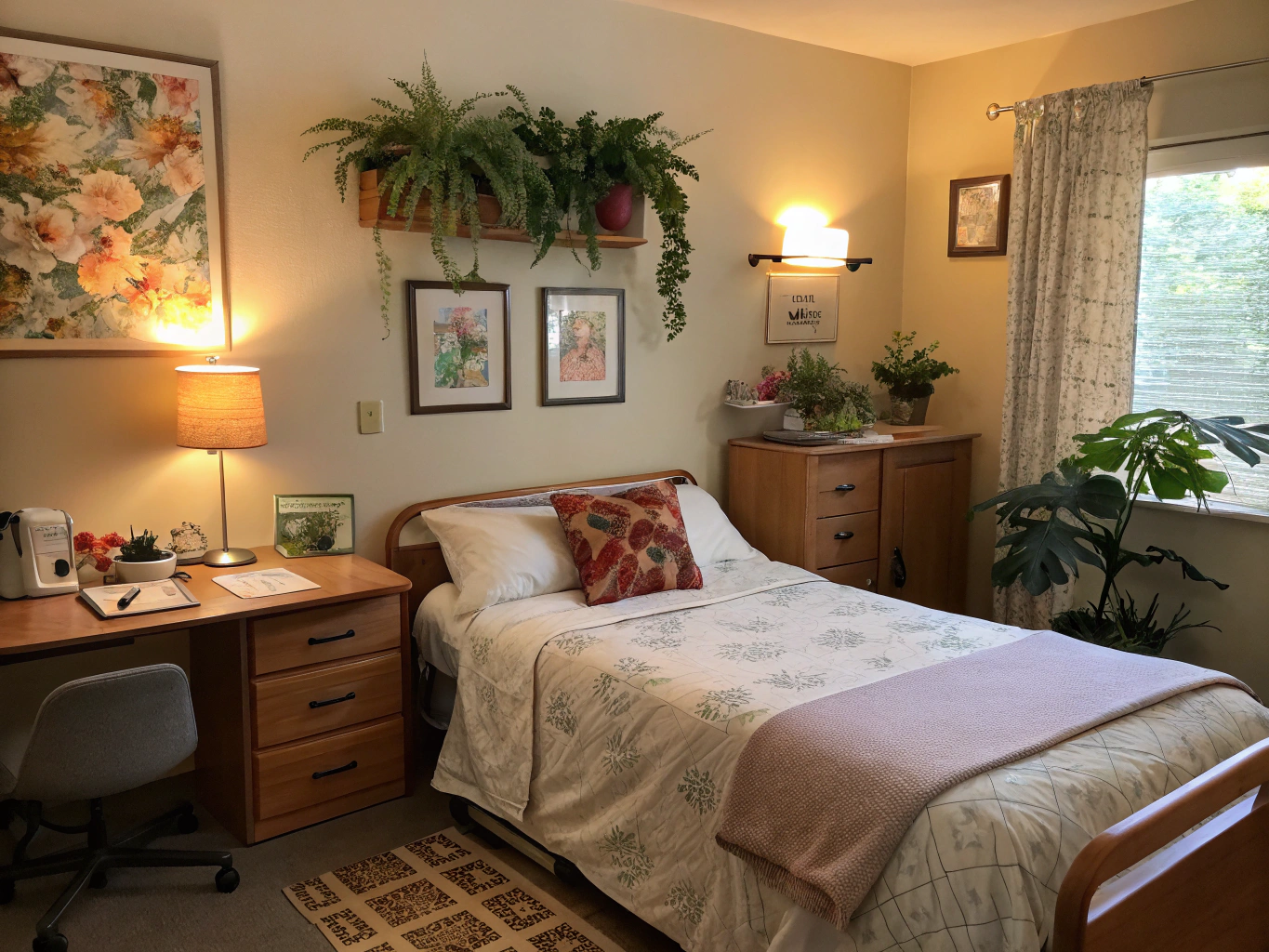 Clean, organized, and dignified transitional residential room with comfortable bedding